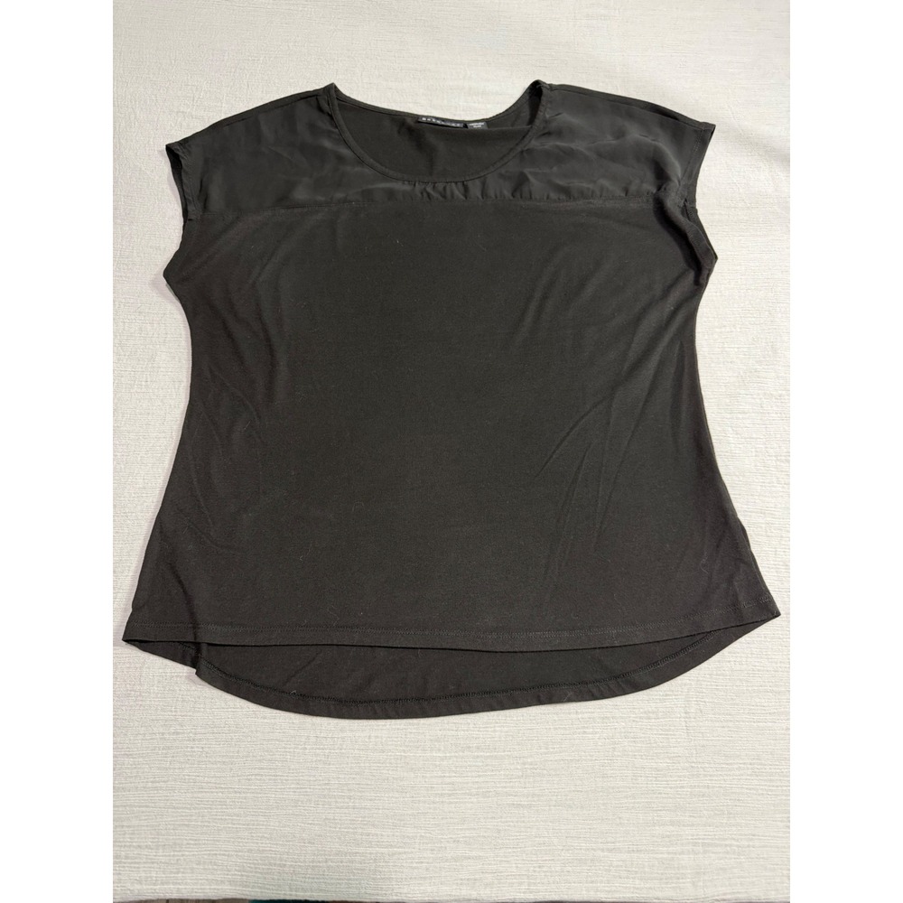 Metaphor Women's XL Black Mixed Media Sheer Yoke Scoop Neck Cap Sleeve Top